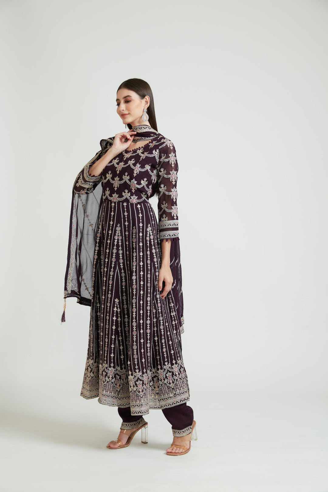 Neerus Maroon georgette ethnic kurta set - side view