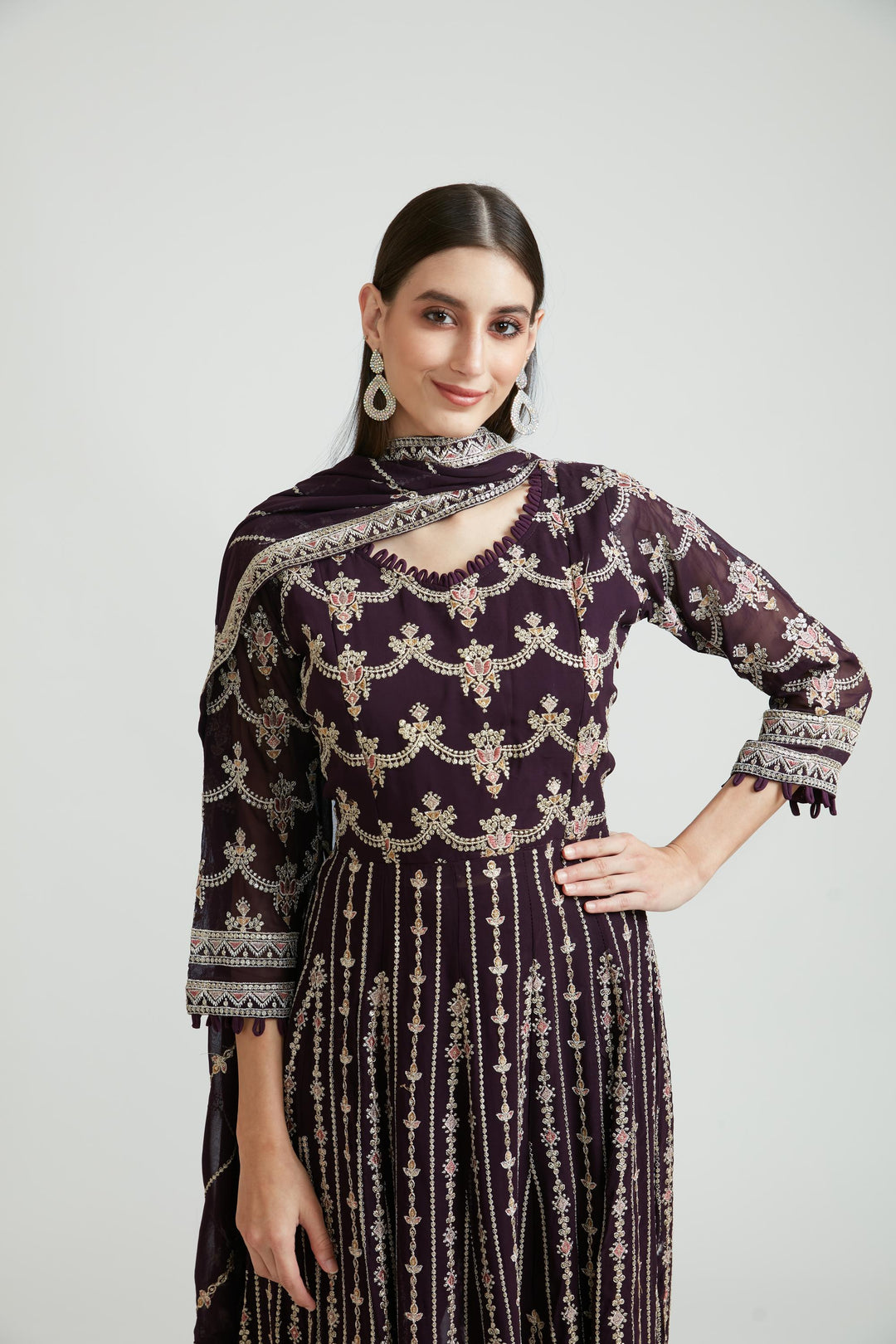 Neerus Maroon georgette ethnic kurta set - detail view 1