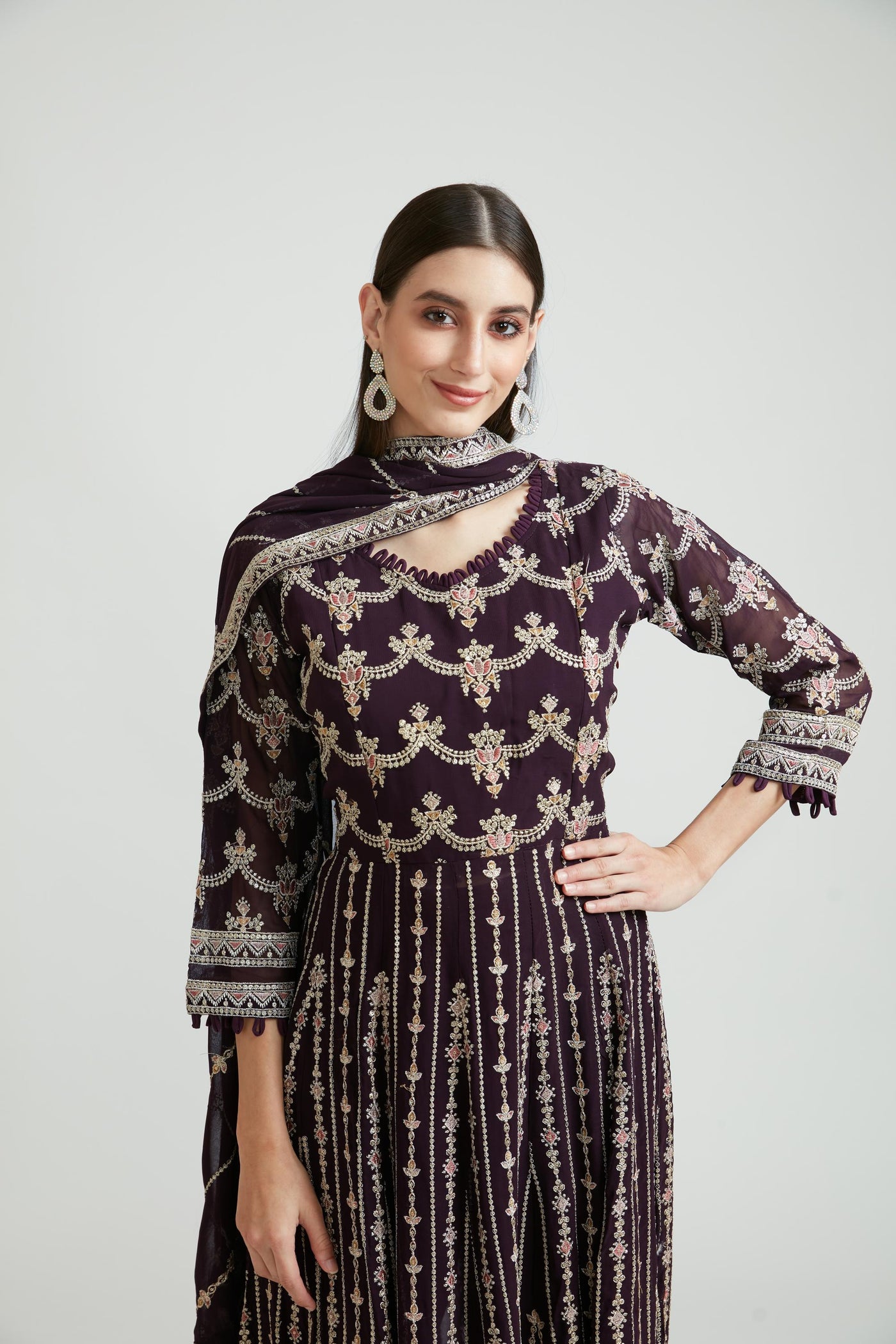Neerus Wine Color Georgette Fabric Kurta Set