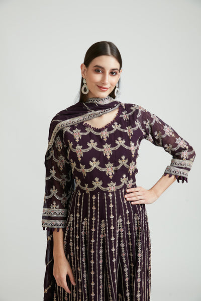 Neerus Wine Color Georgette Fabric Kurta Set