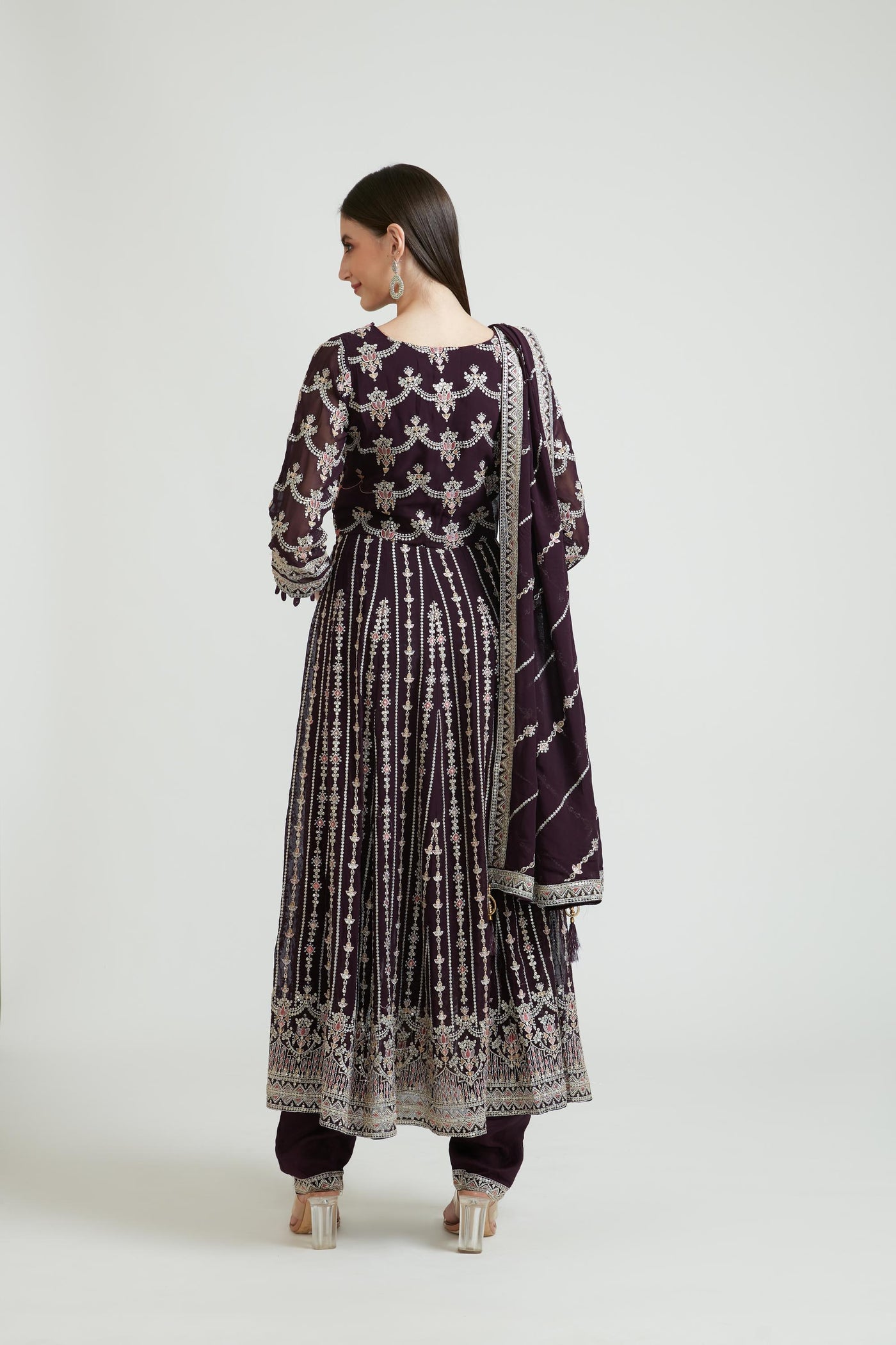 Neerus Wine Color Georgette Fabric Kurta Set