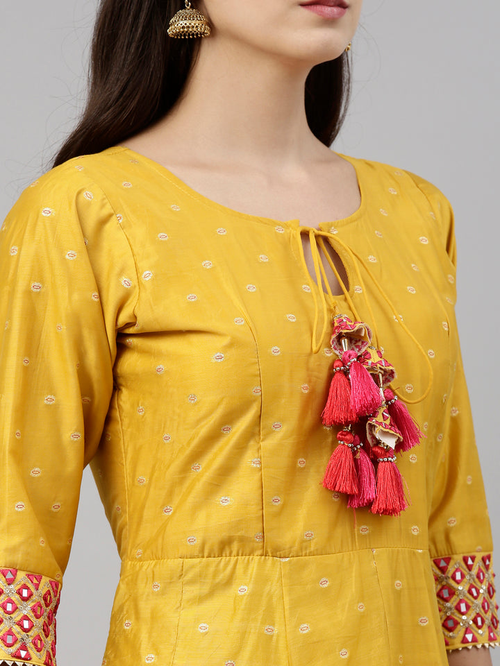 Neerus Mustard Color Chanderi Silk Fabric Suit-Anarkali
