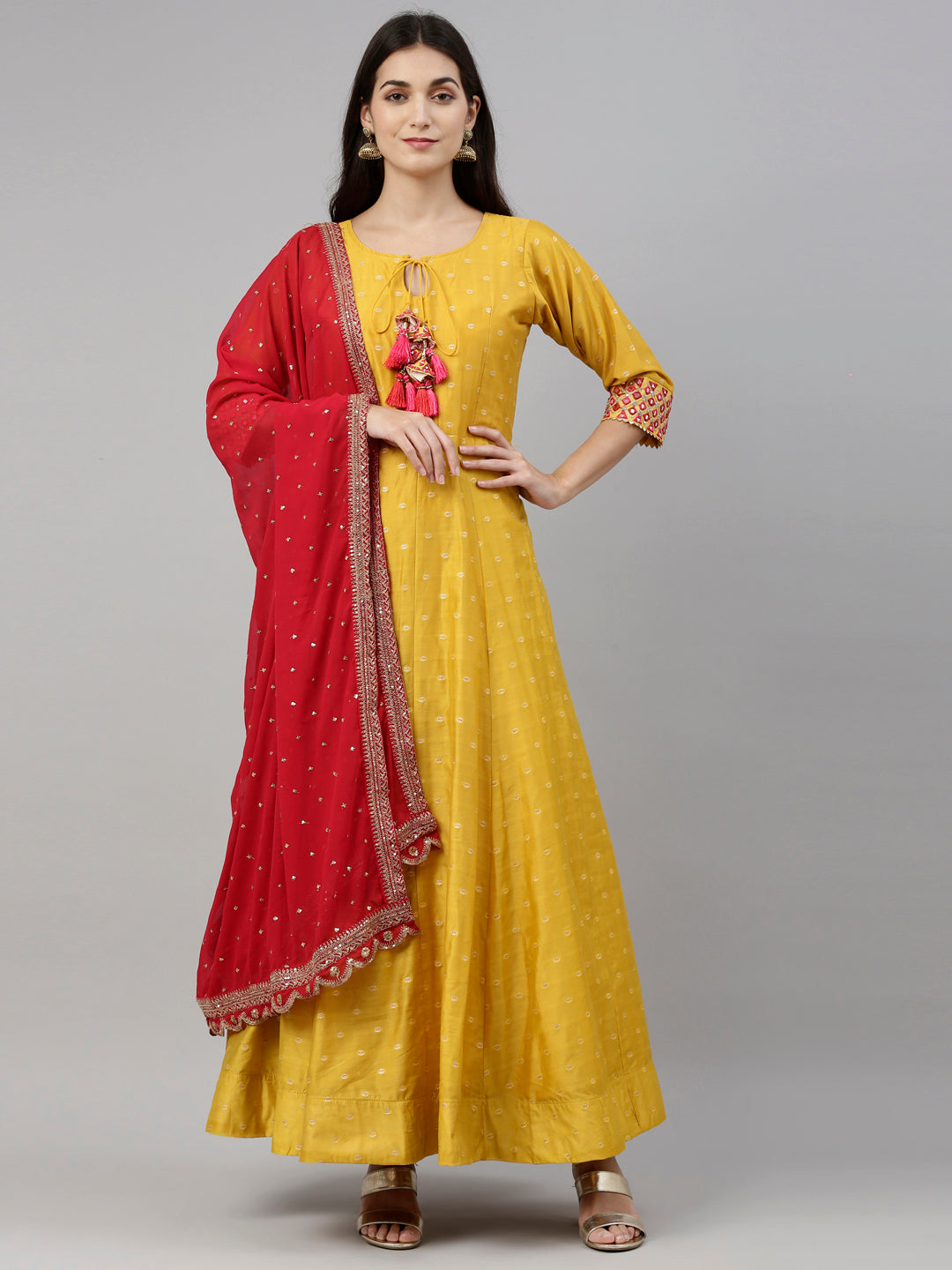 Neerus Mustard Color Chanderi Silk Fabric Suit-Anarkali
