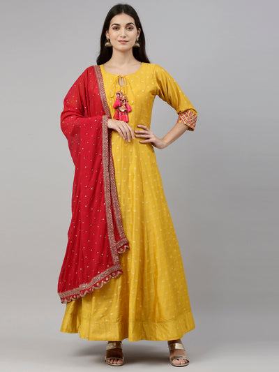 Neeru's Mustard Color Chanderi Silk Fabric Suit-Anarkali