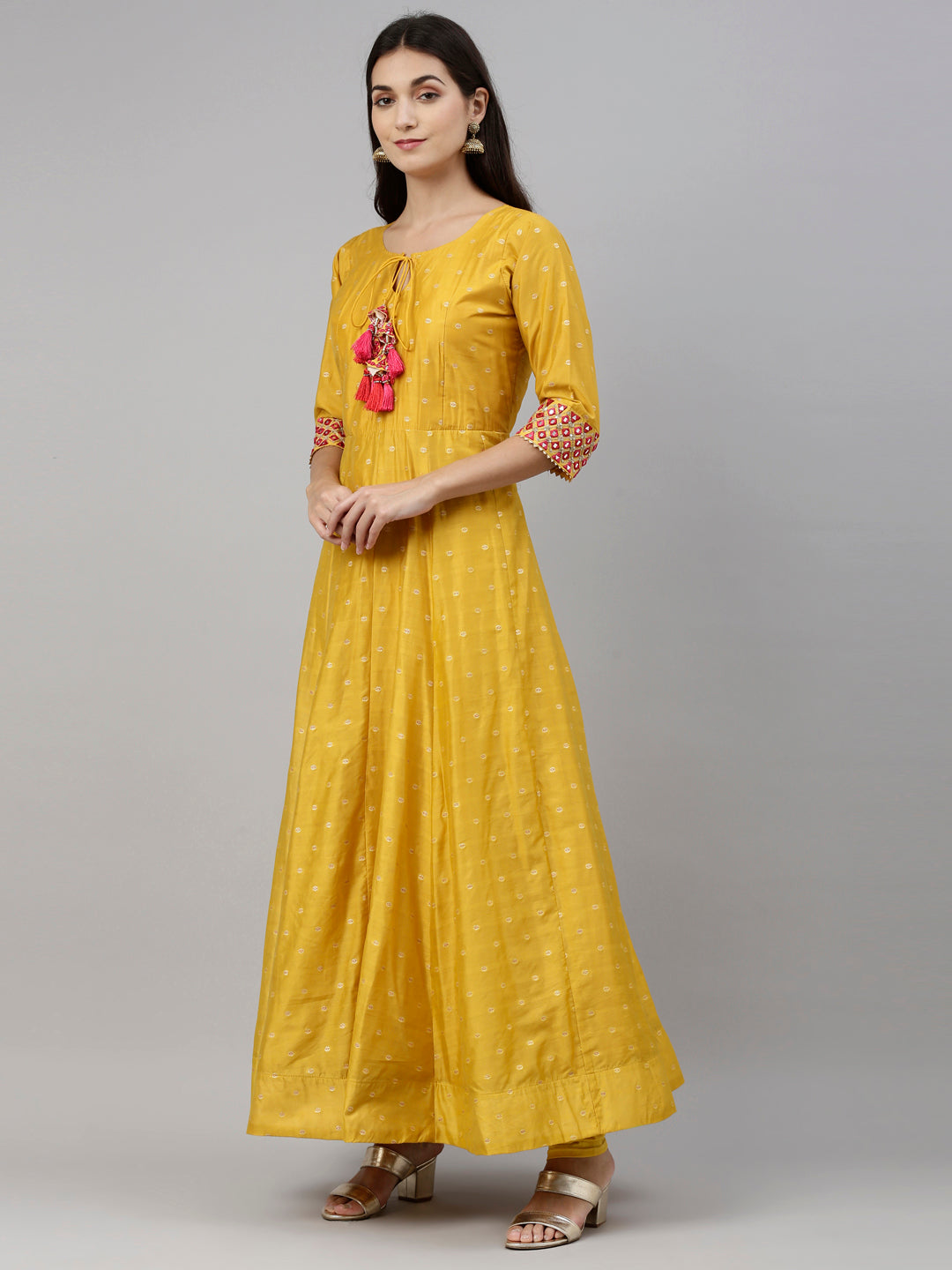 Neerus Mustard Color Chanderi Silk Fabric Suit-Anarkali