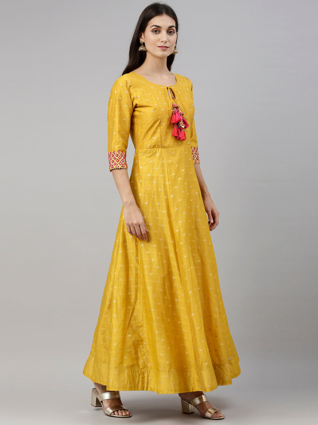 Neerus Mustard Color Chanderi Silk Fabric Suit-Anarkali