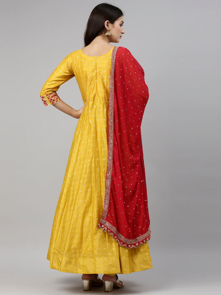 Neerus Mustard Color Chanderi Silk Fabric Suit-Anarkali