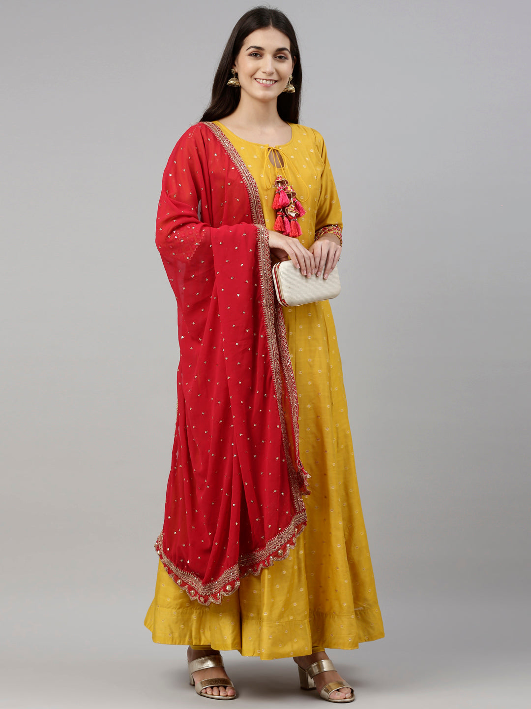 Neeru'S Mustard Color, Chanderi Silk Fabric Suit-Anarkali