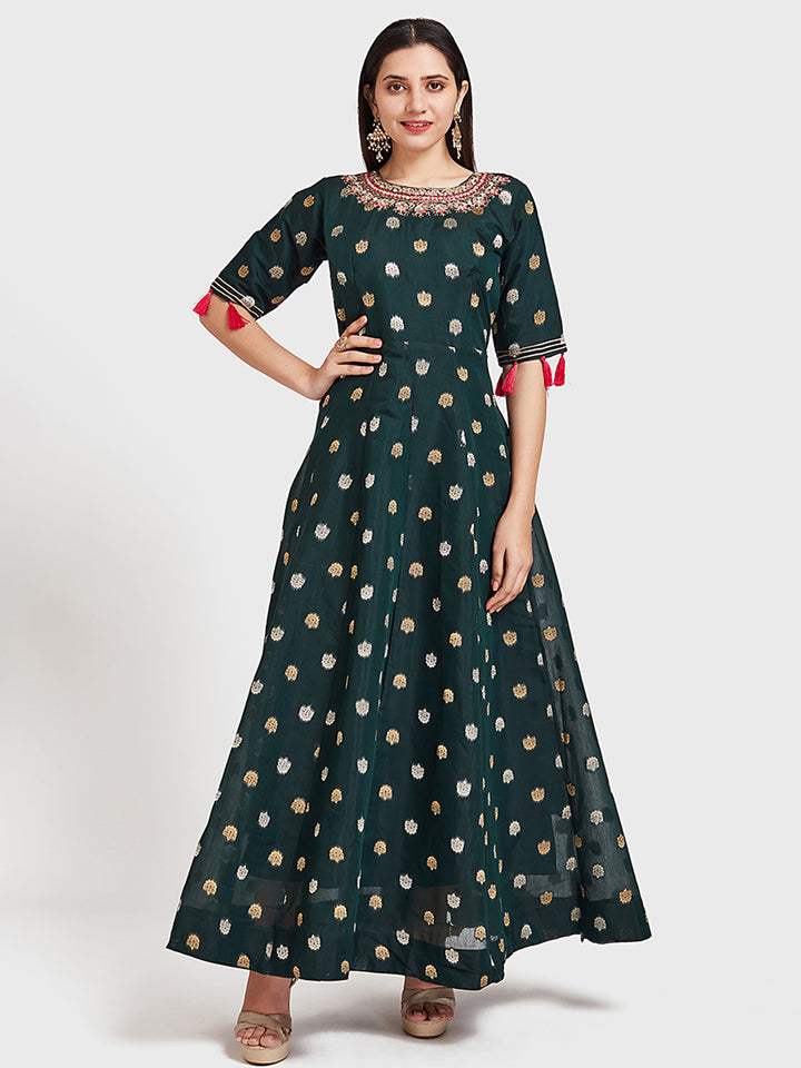 Neerus Green georgette woven Anarkali kurta - detail view 1