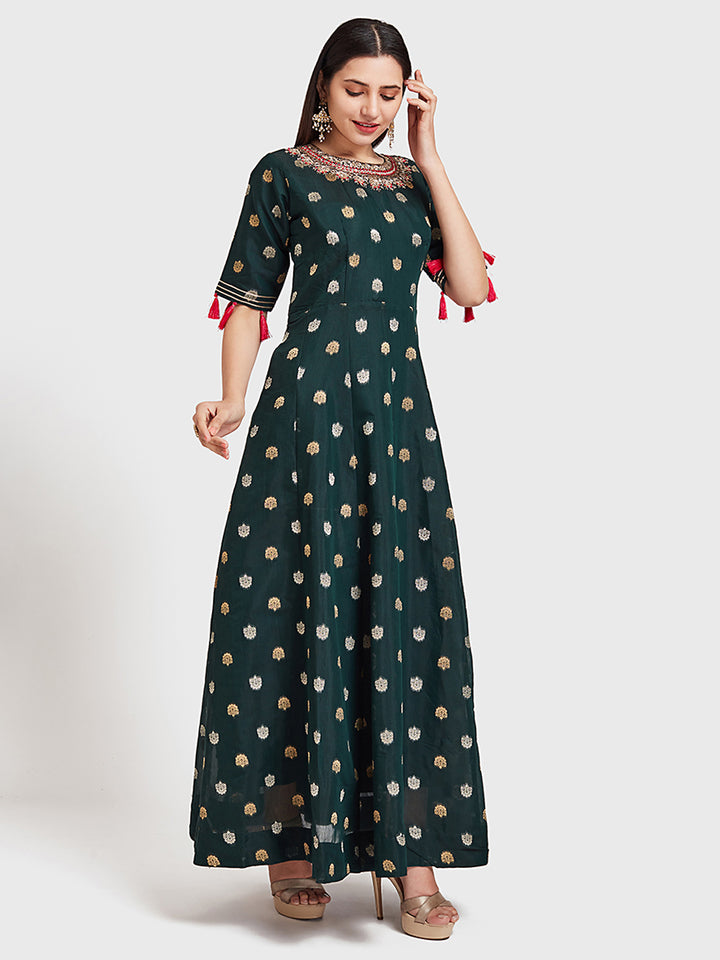 Neerus Green georgette woven Anarkali kurta - front view