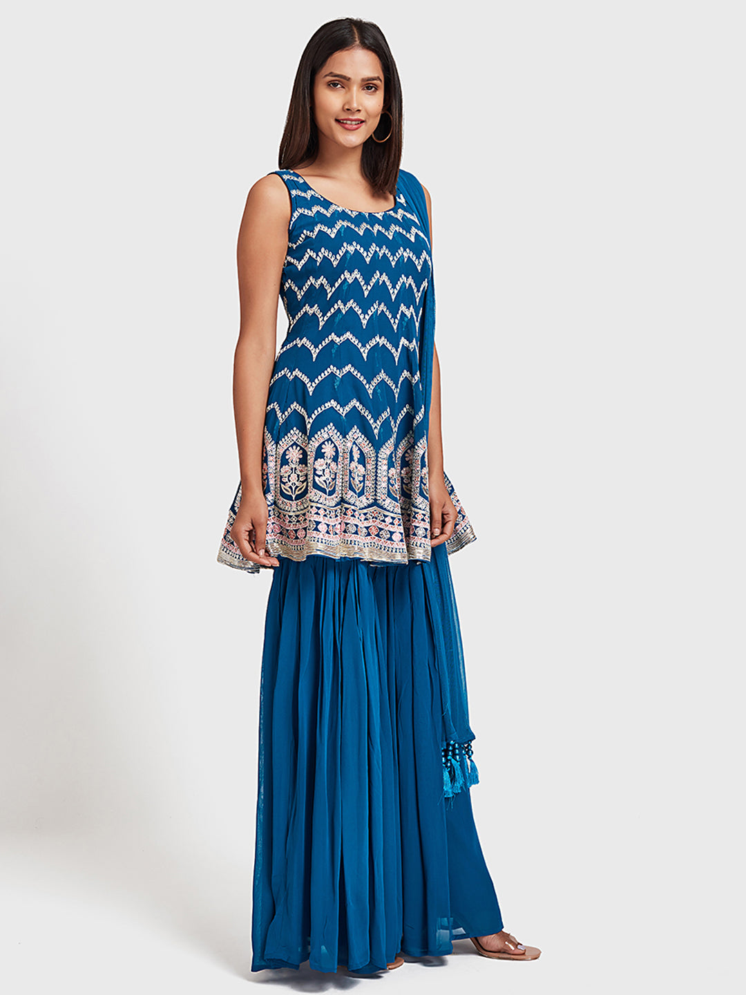 Neerus Blue Georgette Anarkali Suit Set - front view
