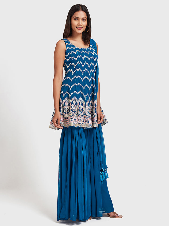 Neerus Blue Georgette Anarkali Suit Set - front view
