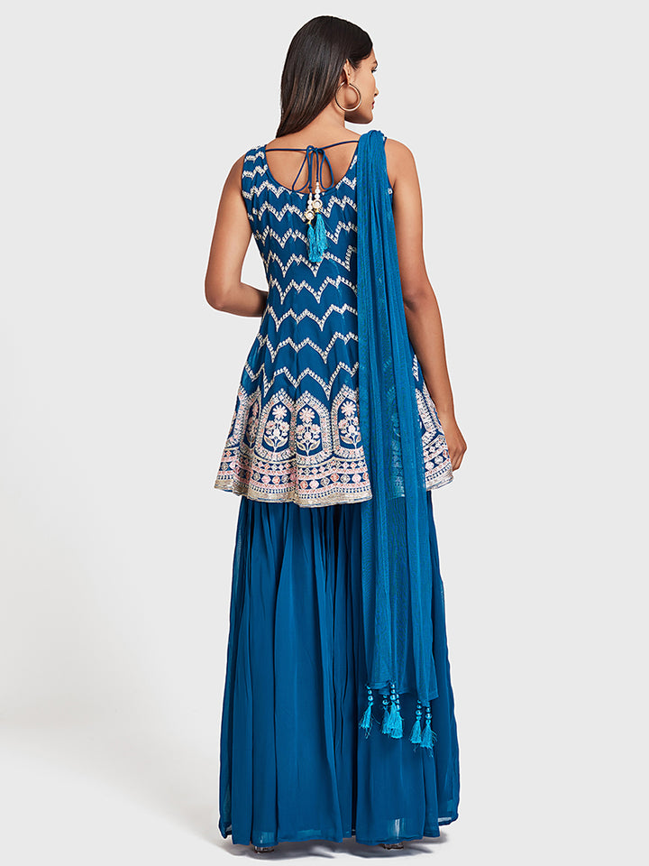 Neerus Blue Georgette Anarkali Suit Set - back view