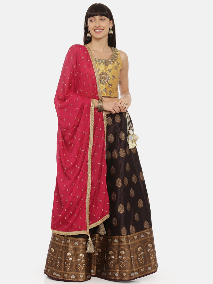 Neerus Mustard Wine Color Banaras Fabric Ghagra Set