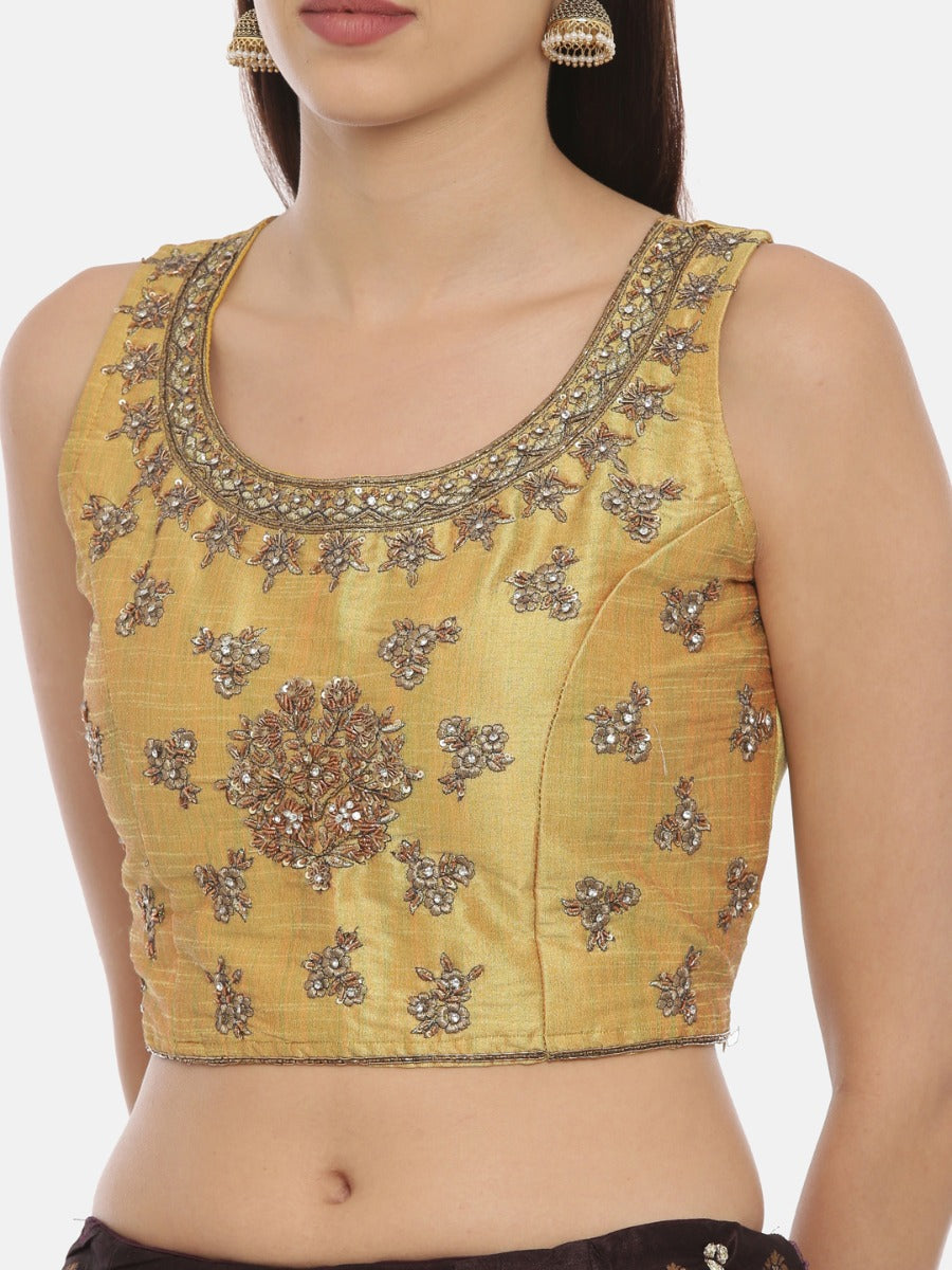 Neerus Mustard Wine Color Banaras Fabric Ghagra Set