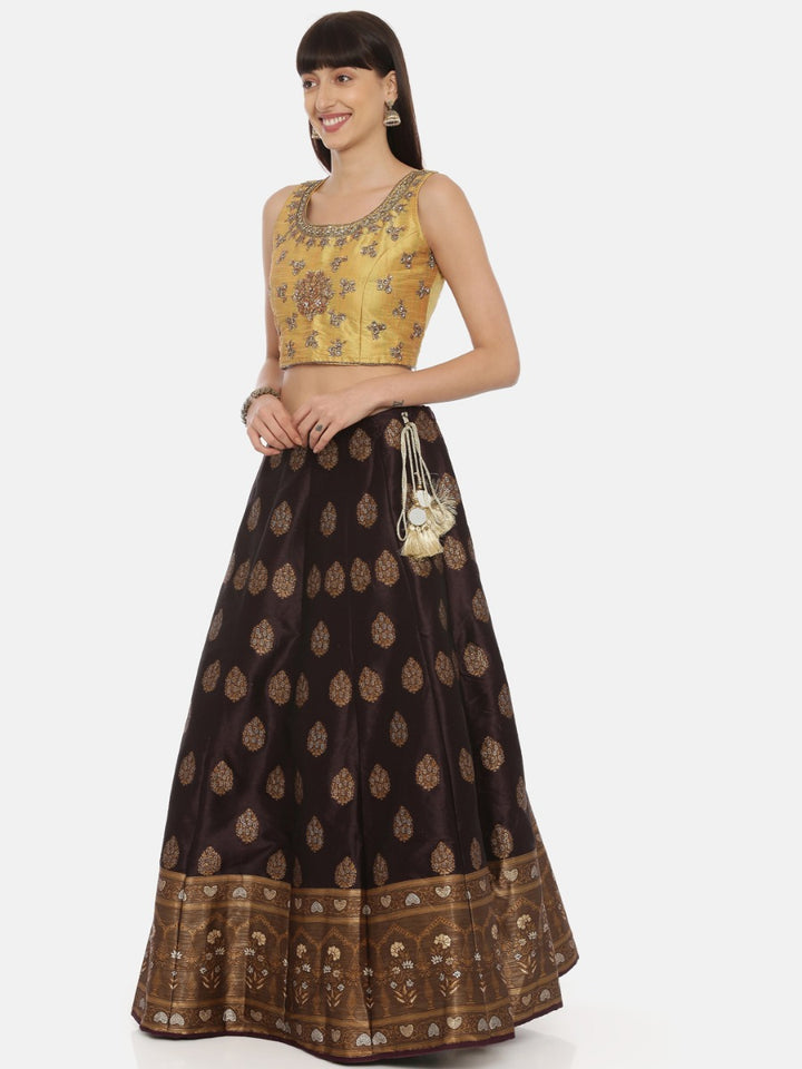 Neerus Mustard Wine Color Banaras Fabric Ghagra Set