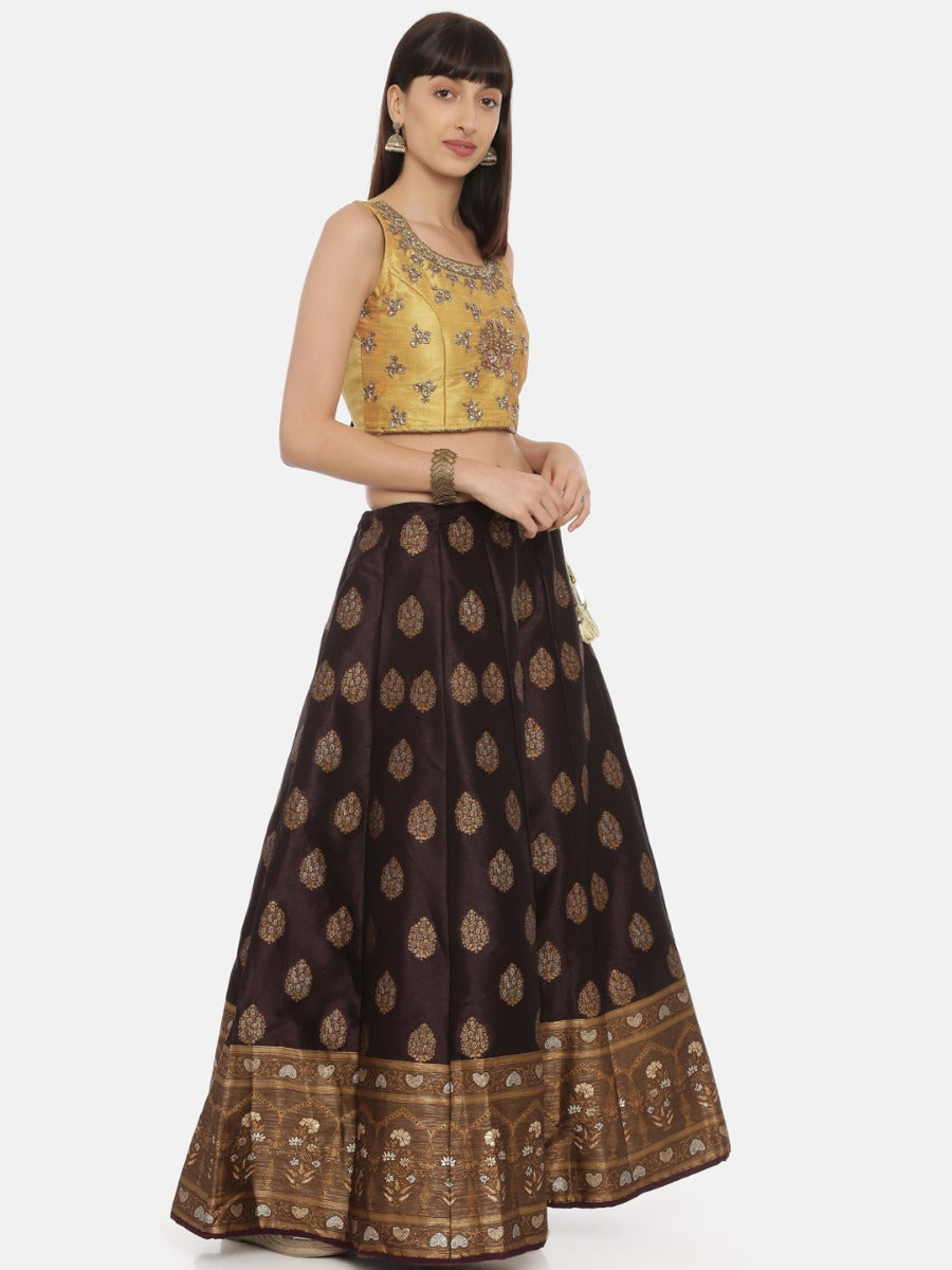 Neerus Mustard Wine Color Banaras Fabric Ghagra Set