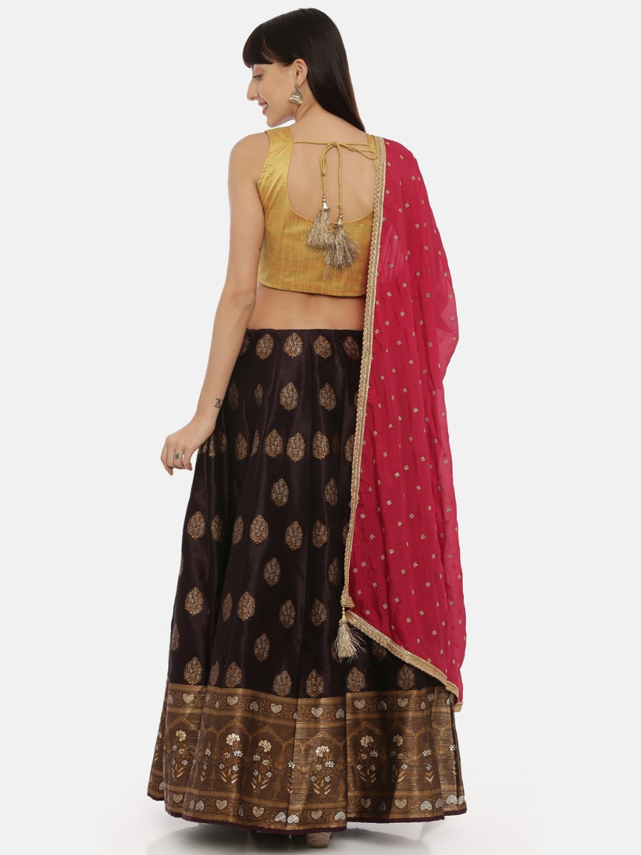 Neerus Mustard Wine Color Banaras Fabric Ghagra Set