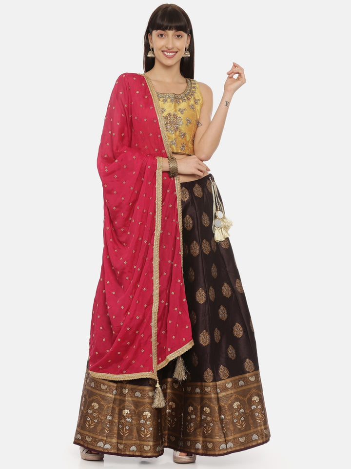 Neerus Mustard Wine Color Banaras Fabric Ghagra Set