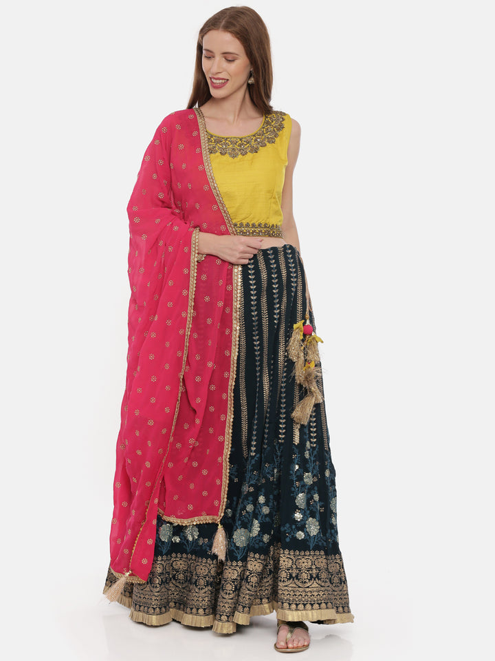 Neerus Mustard Rama Color Georgette Fabric Ghagra Set