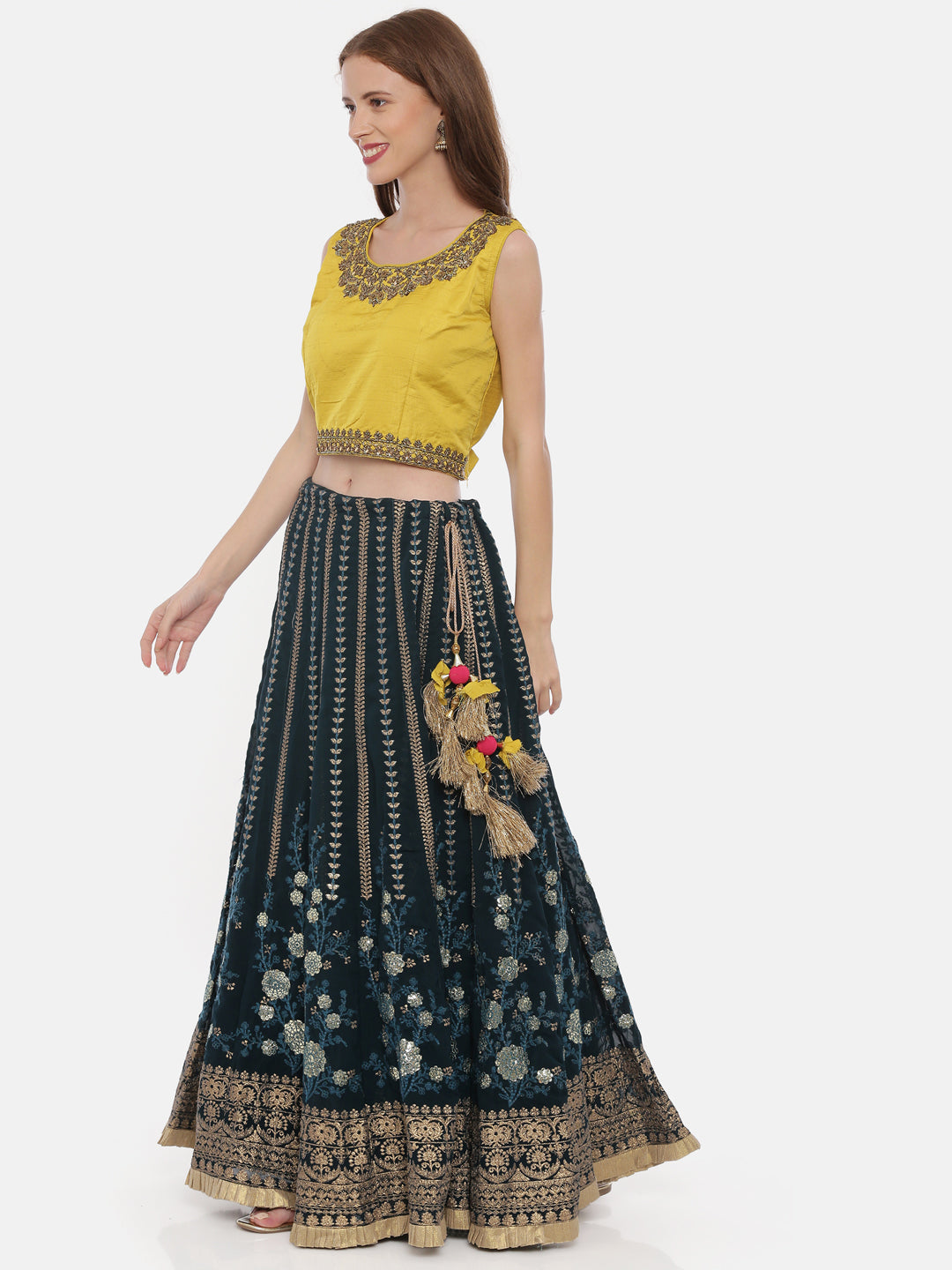 Neeru's Mustard Rama Color Georgette Fabric Ghagra Set