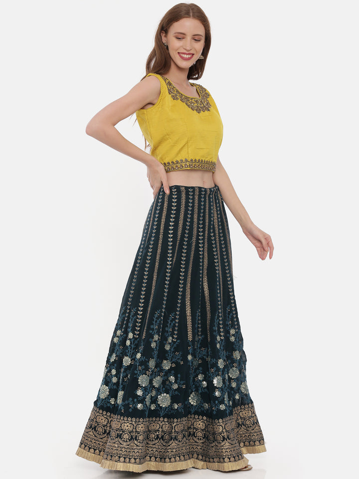 Neerus Mustard Rama Color Georgette Fabric Ghagra Set