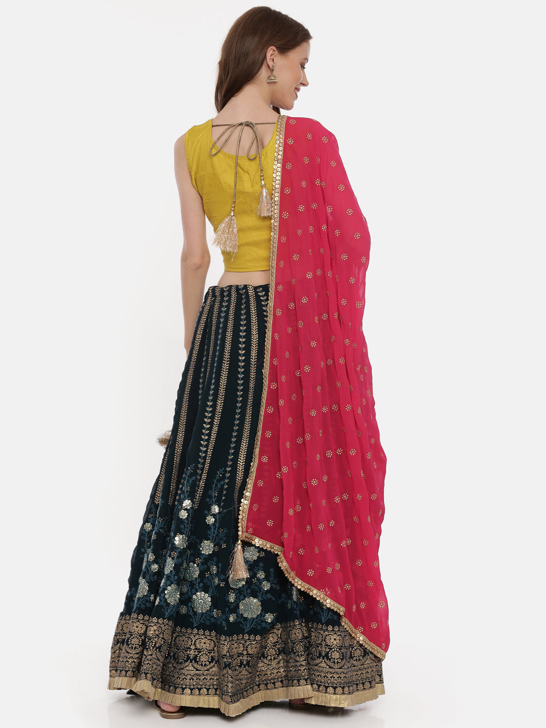 Neeru's Mustard Rama Color Georgette Fabric Ghagra Set