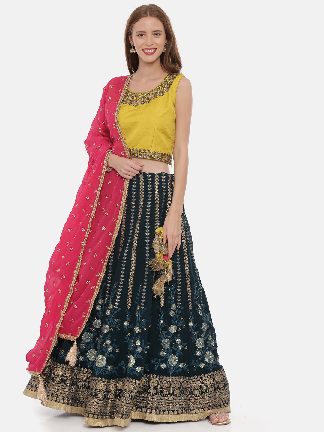 Neerus Mustard Rama Color Georgette Fabric Ghagra Set