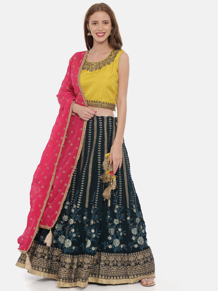 Neerus Mustard Rama Color Georgette Fabric Ghagra Set