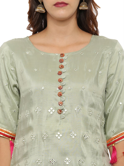 Neeru's Sage Green Embellished Kurta With Sharara & Dupatta