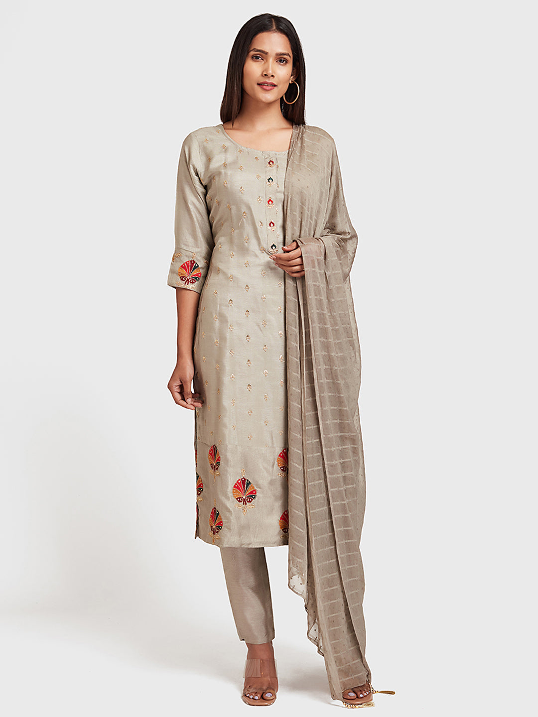 Neerus Gray Color Silk Fabric Suit-Pant