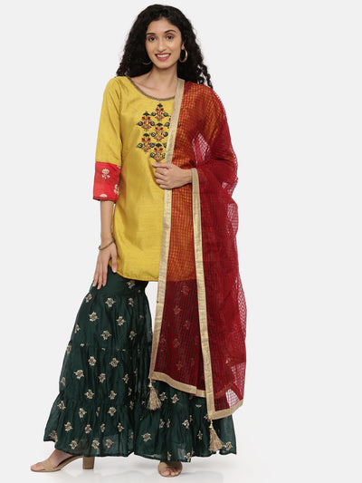 Neeru's Yellow & Green Embellished Kurta With Sharara & Dupatta
