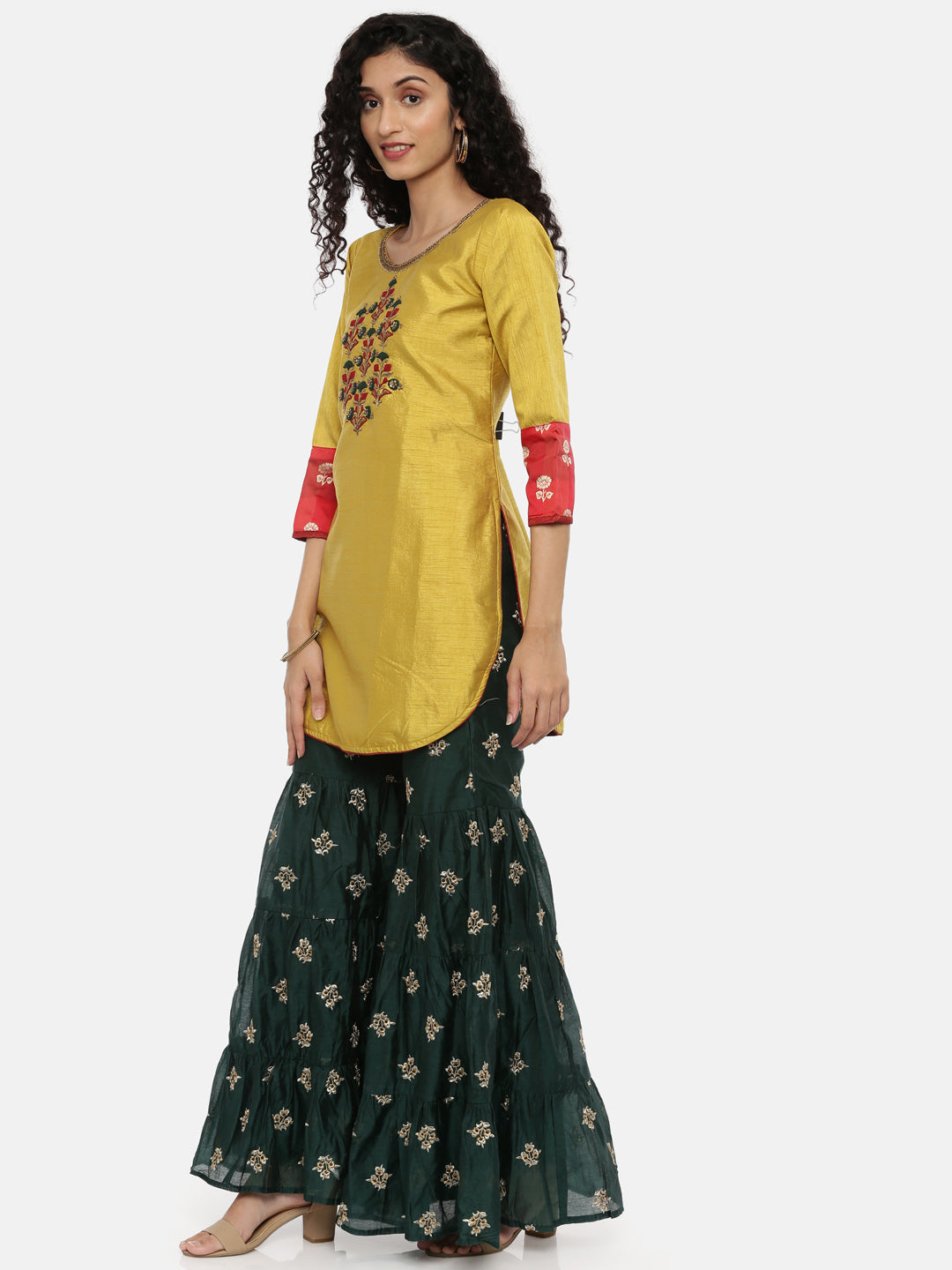 Neeru's Yellow & Green Embellished Kurta With Sharara & Dupatta