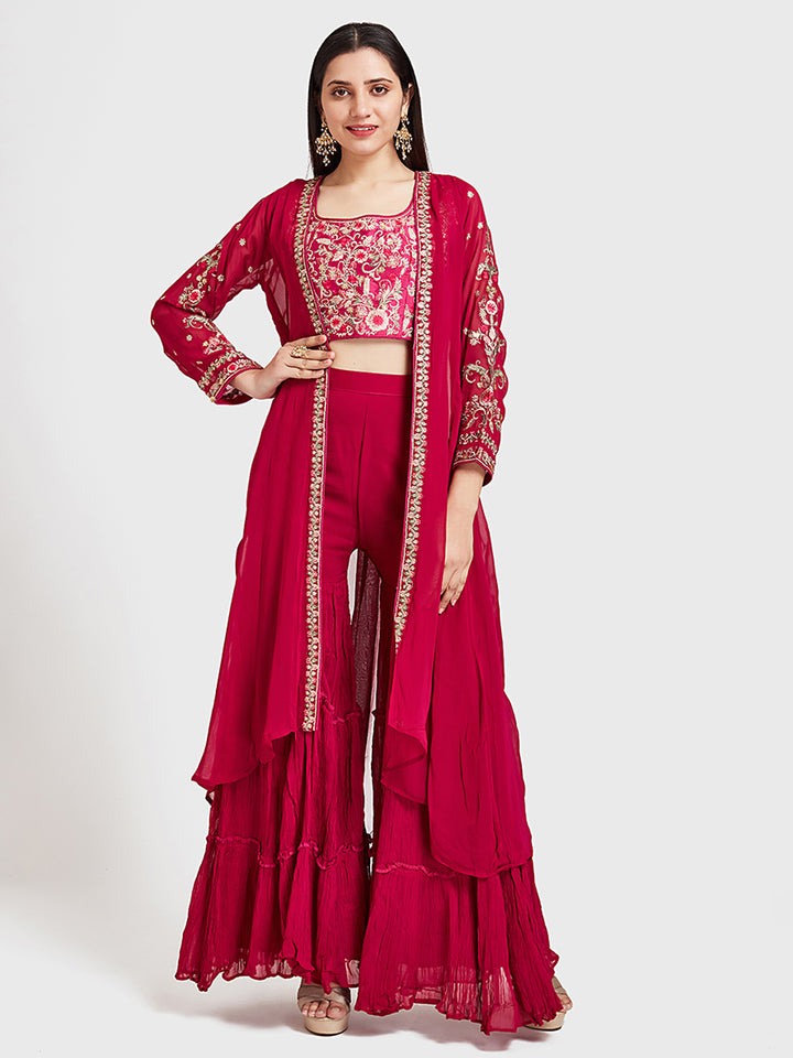 Neerus Pink Embroidered Top & Sharara Set With Shrug