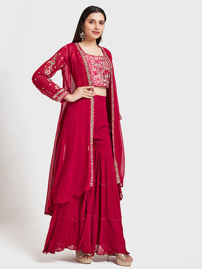 Neeru's Pink Embroidered Top & Sharara Set With Shrug