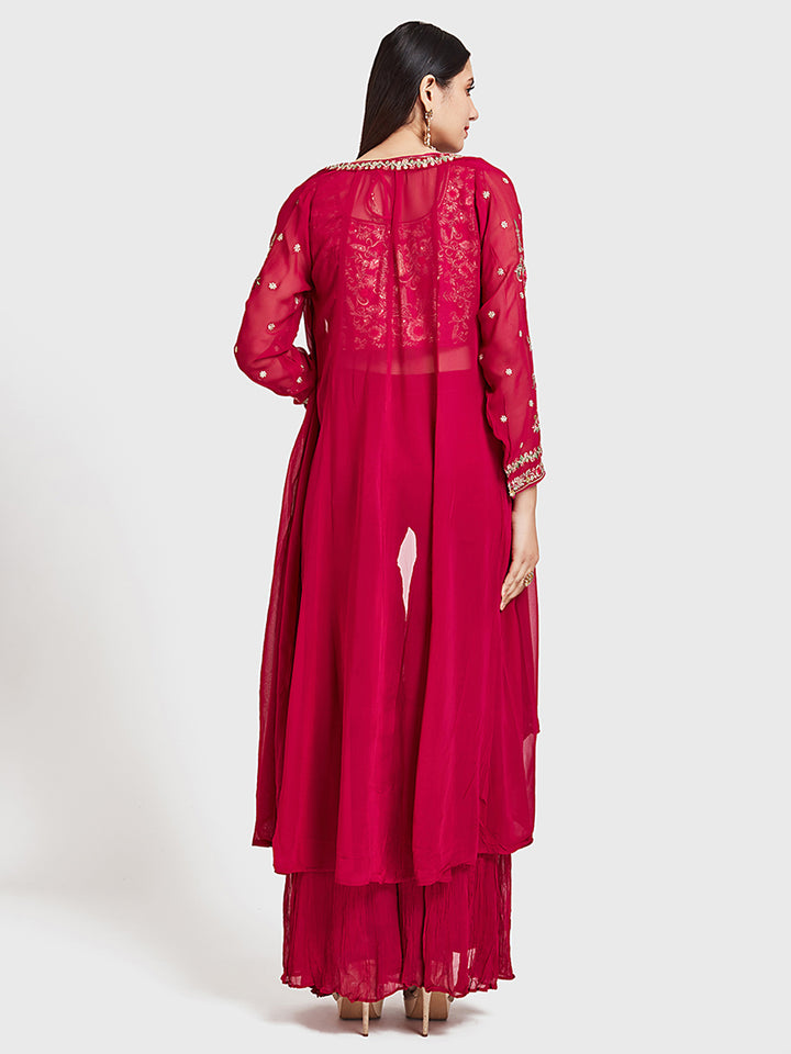 Neerus Pink Embroidered Top & Sharara Set With Shrug