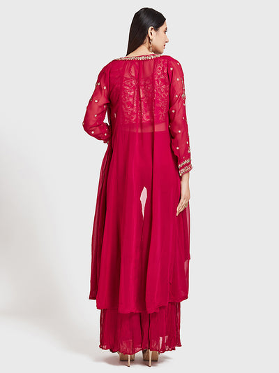 Neeru's Pink Embroidered Top & Sharara Set With Shrug
