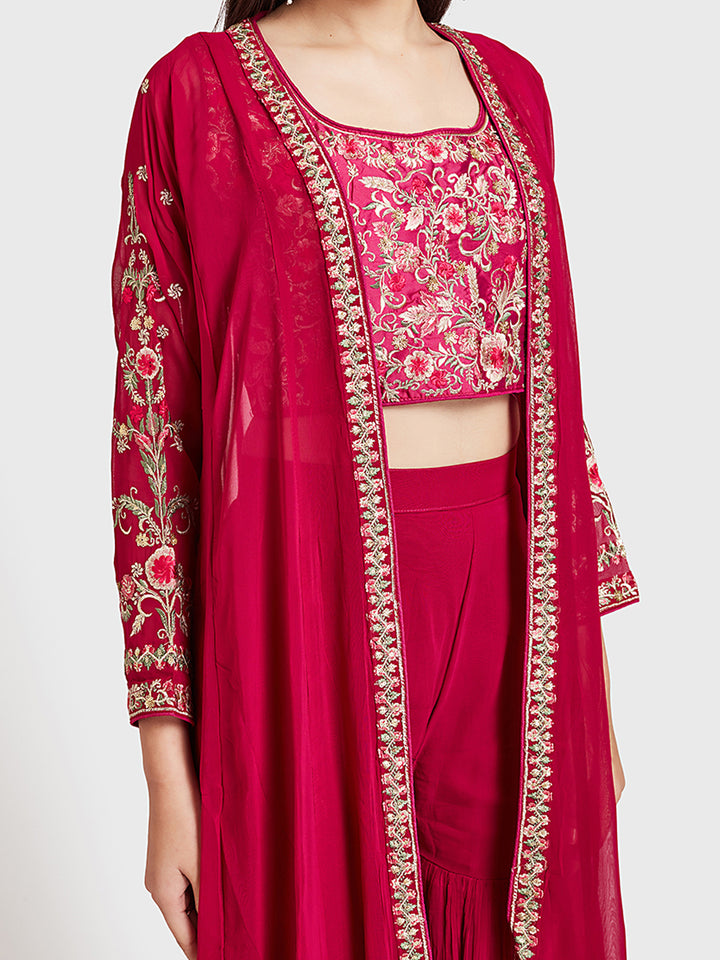 Neerus Pink Embroidered Top & Sharara Set With Shrug