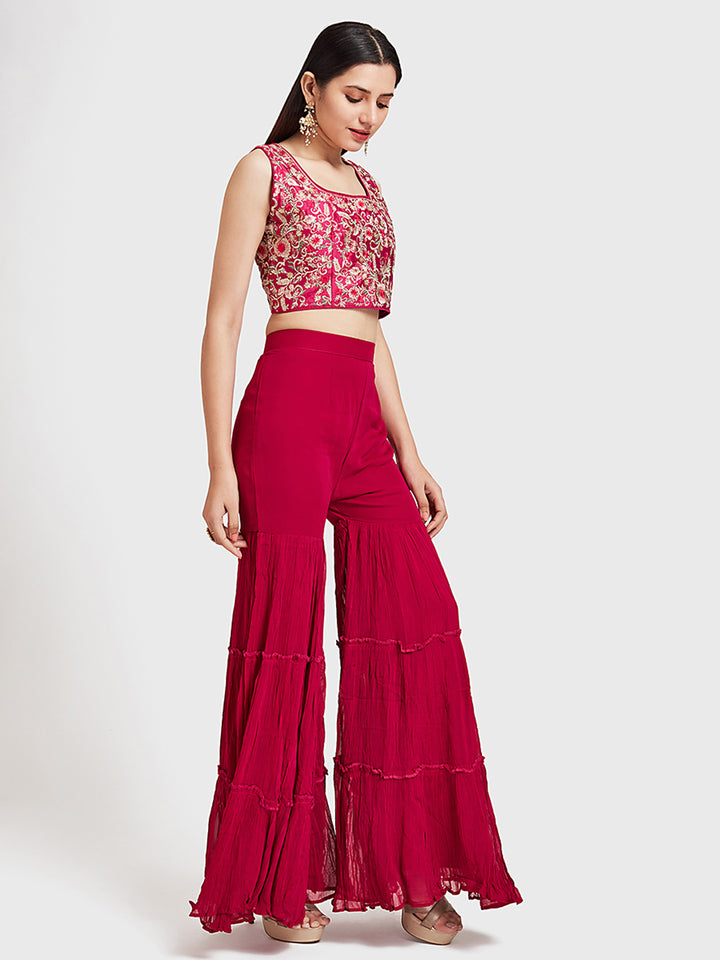Neerus Pink Embroidered Top & Sharara Set With Shrug