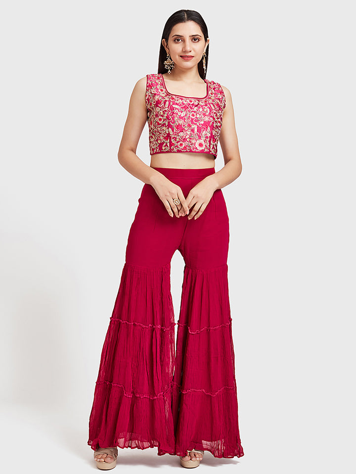 Neerus Pink Embroidered Top & Sharara Set With Shrug