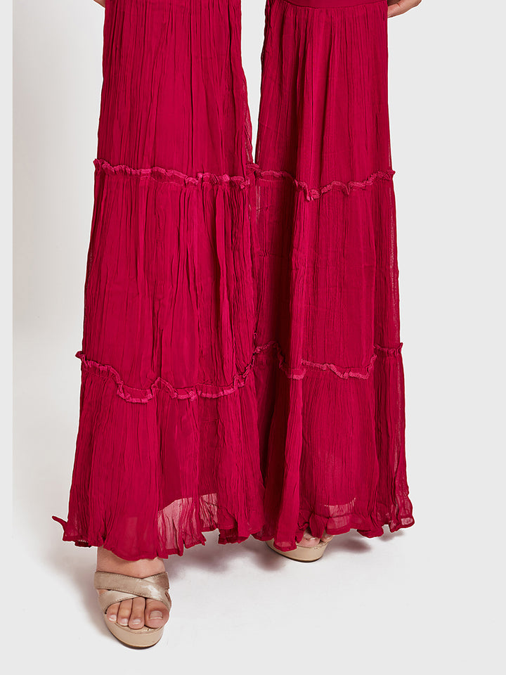 Neerus Pink Embroidered Top & Sharara Set With Shrug