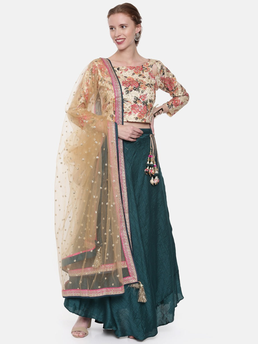 Neerus Cream & Teal Embellished Lehenga Set