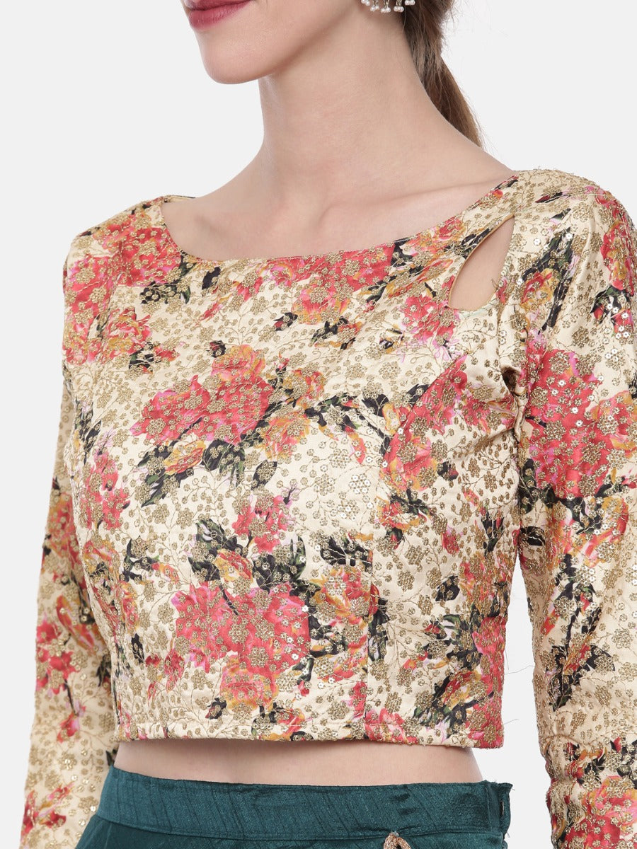 Neerus Cream & Teal Embellished Lehenga Set