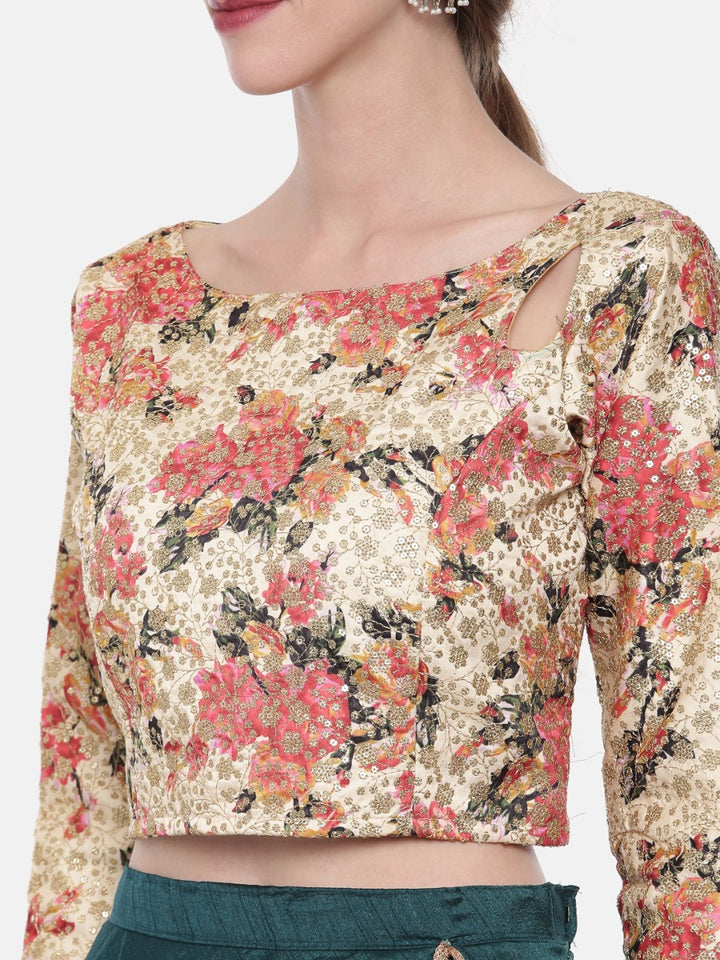 Neerus Cream & Teal Embellished Lehenga Set