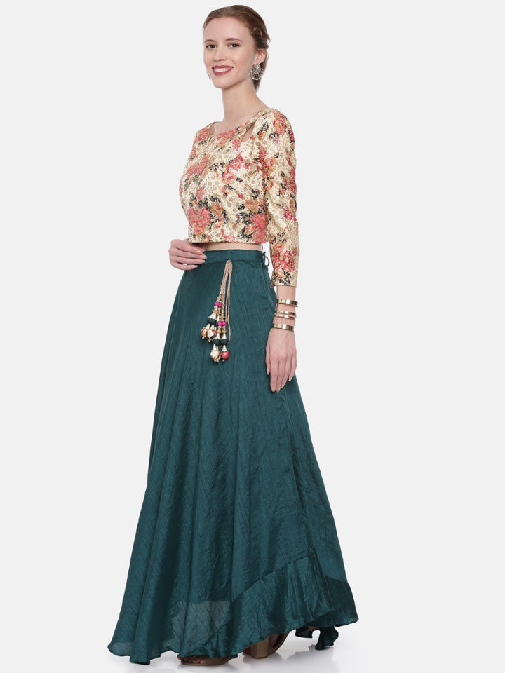 Neerus Cream & Teal Embellished Lehenga Set