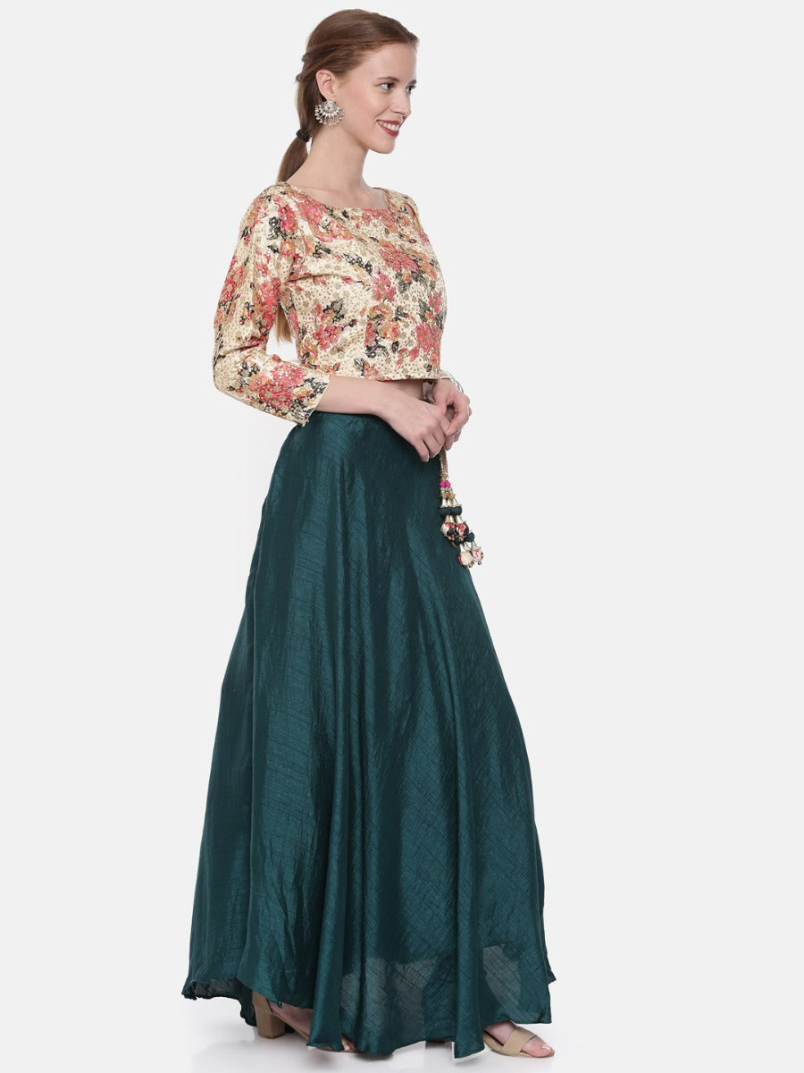 Neerus Cream & Teal Embellished Lehenga Set