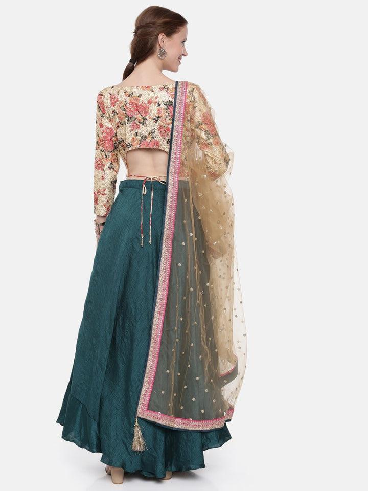 Neerus Cream & Teal Embellished Lehenga Set