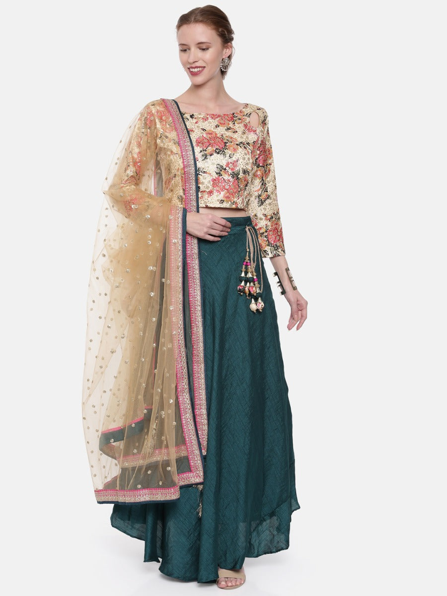 Neerus Cream & Teal Embellished Lehenga Set
