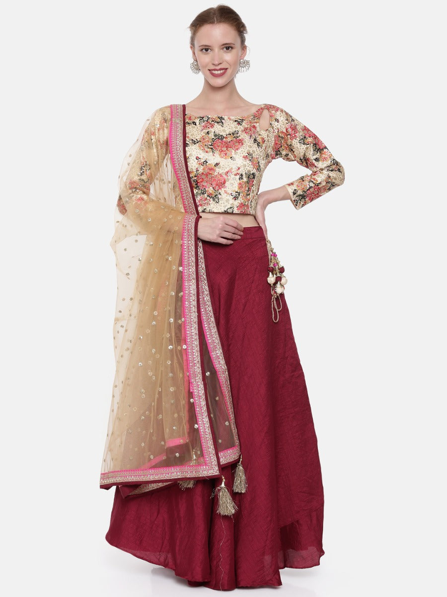 Neerus Cream & Maroon Embellished Lehenga Set