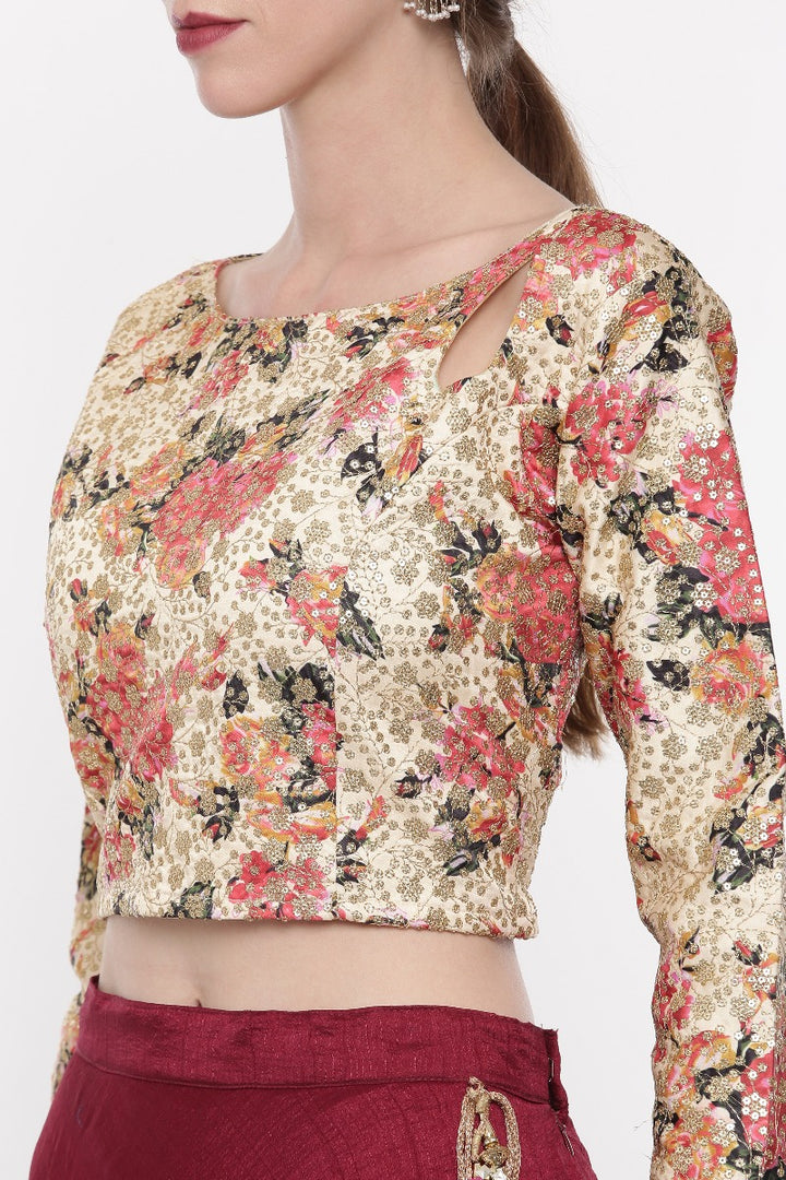 Neerus Cream & Maroon Embellished Lehenga Set